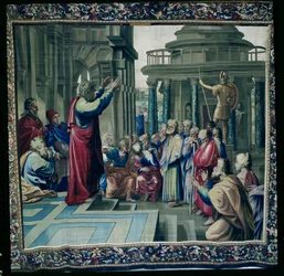 St. Paul predikt op de Areopagus, uit een serie die de Handelingen van de Apostelen afbeeldt, geweven in de Beauvais Werkplaats onder leiding van Philippe Behagle